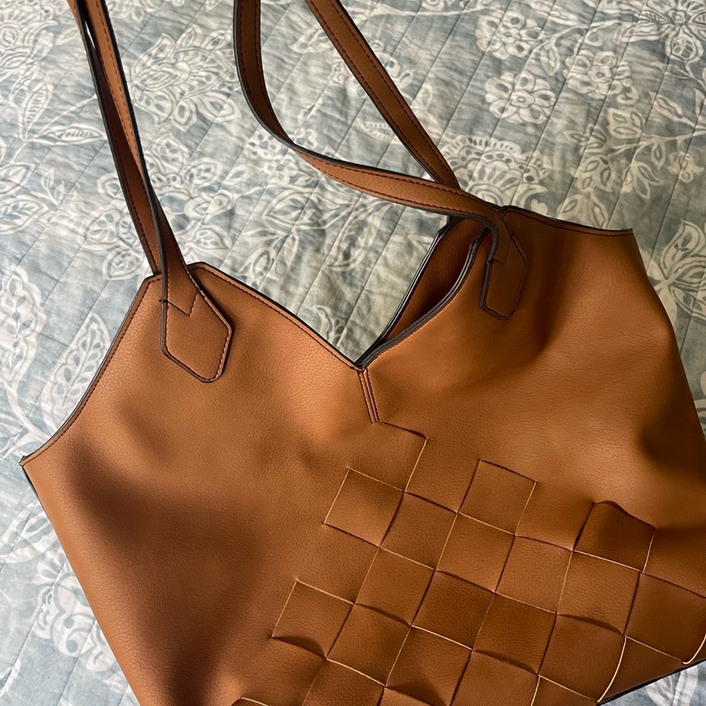 a.n.a Brown Leather Tote with Woven Detail